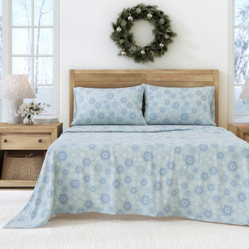Linery & Co. Ultra-Soft Turkish Cotton Flannel Christmas Print Sheet Set - California King - Blue Snowflake