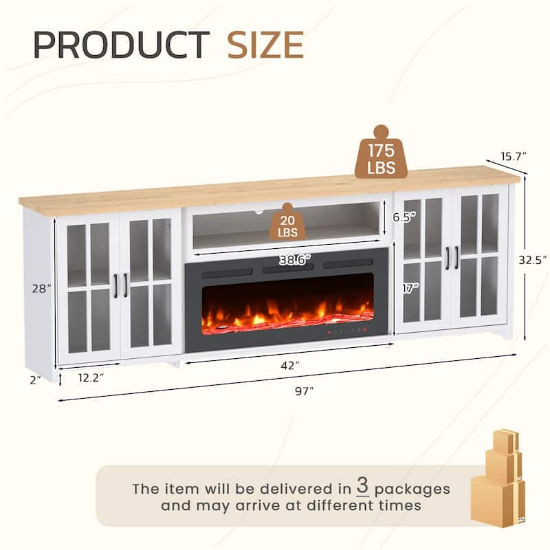 EROMMY 78"/ 97" Fireplace TV Stand with Electric Fireplace, Farmhouse Media Console with LED Lights, Glass Doors