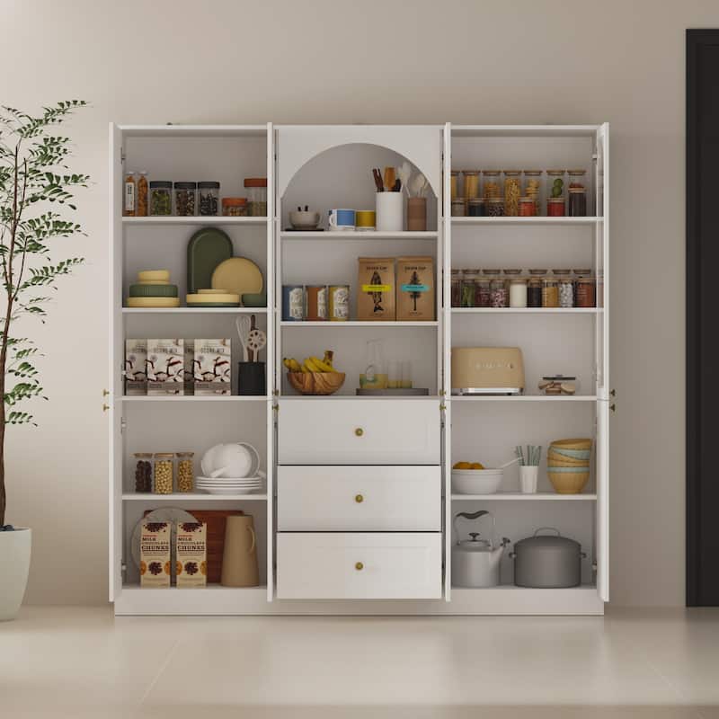 Elegant White Buffet: Arched Design, Glass - door Display & Spacious Storage