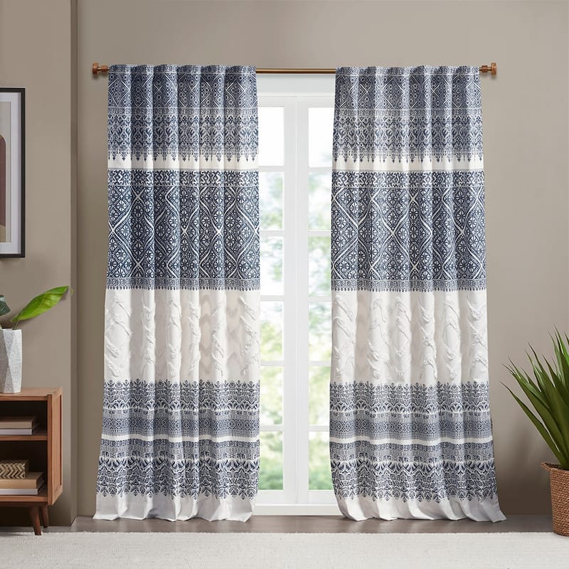 Rossetta Bohemian Vibe Cotton Printed with Chenille Tufted Detail Window Curtain Panel, Only 1 Piece Panel - 50"W x 84"L - Blue+Multicolor