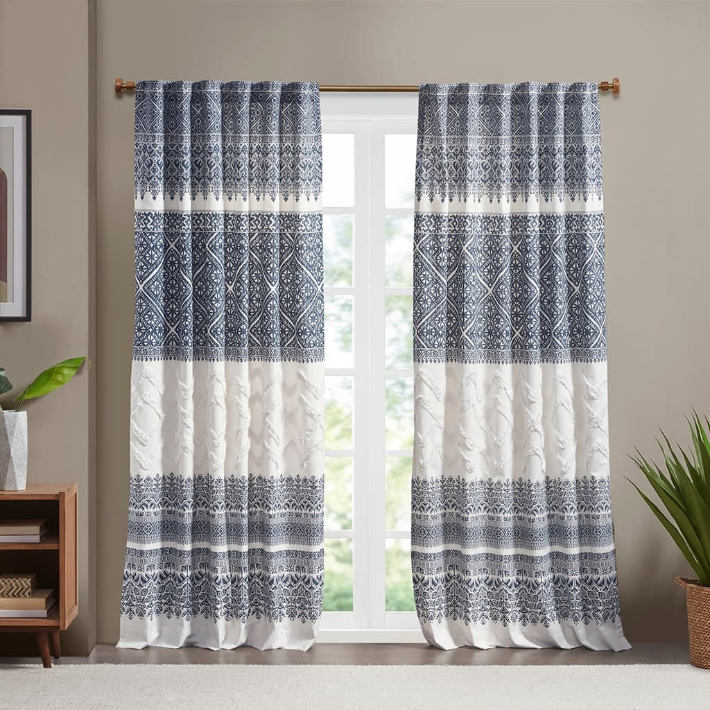 Rossetta Bohemian Vibe Cotton Printed with Chenille Tufted Detail Window Curtain Panel, Only 1 Piece Panel - 50"W x 84"L