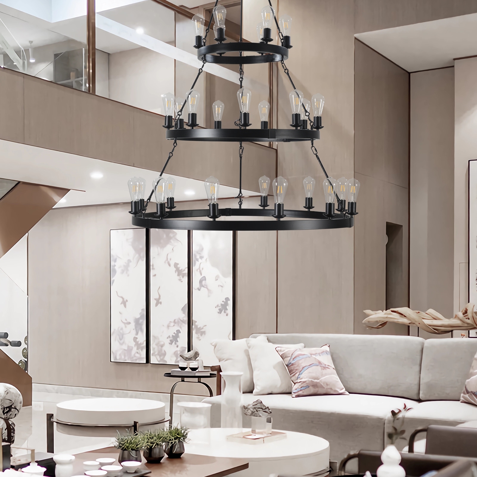 27 Light Metal Ring Chandelier Black Living Room Bedroom