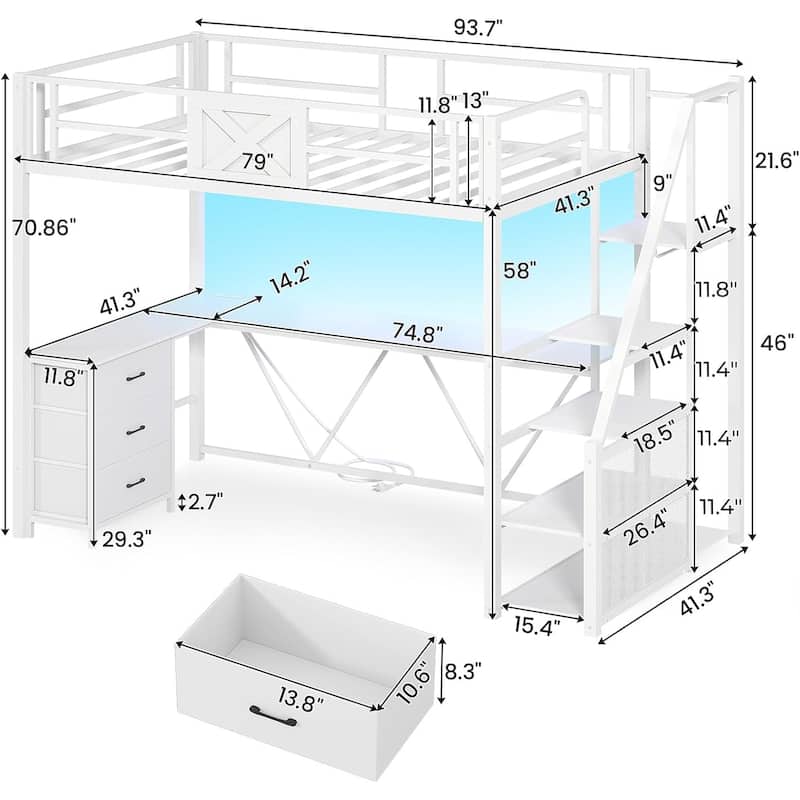 Stairway Twin Size Loft Bed with L Shaped Desk and Wardrobe 3 Drawers