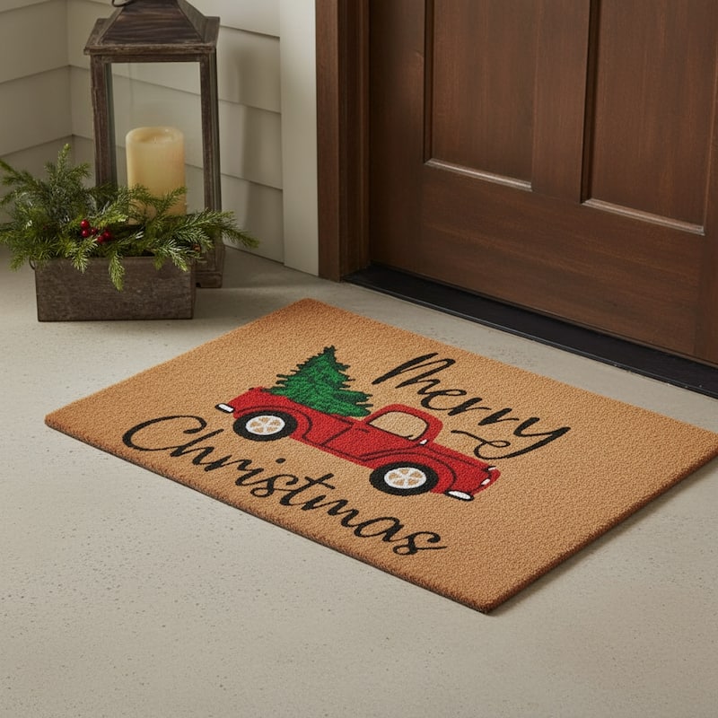 HomeRoots 17" X 29" Brown Red And Green Christmas Merry Christmas Outdoor Coir Door Mat - 17.00' X '29.00 - 17.00' X '29.00