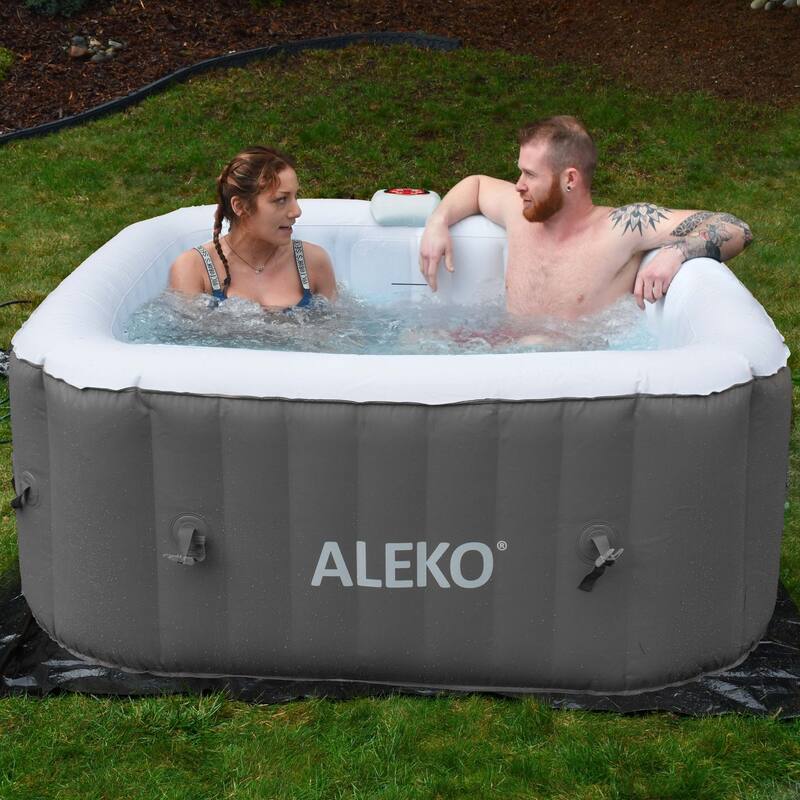 ALEKO Square Inflatable Jetted 4 Person Hot Tub Spa With Cover - Gray