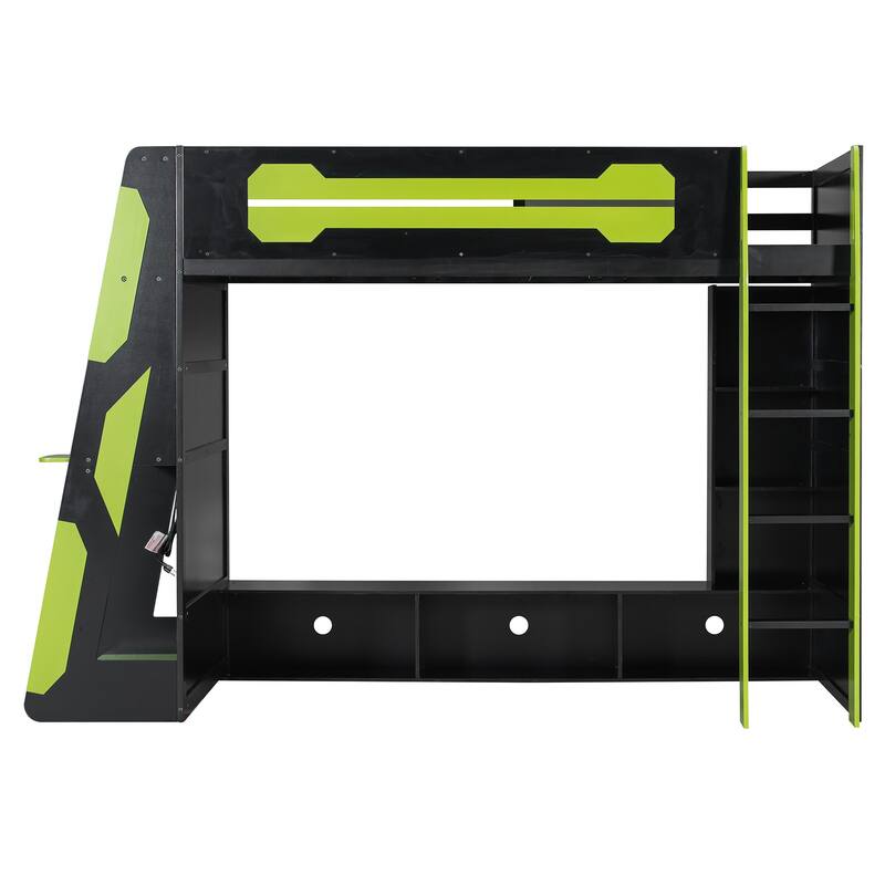Esports Twin Loft Bed with Desk, Multi-storage Shelves and Light Strip