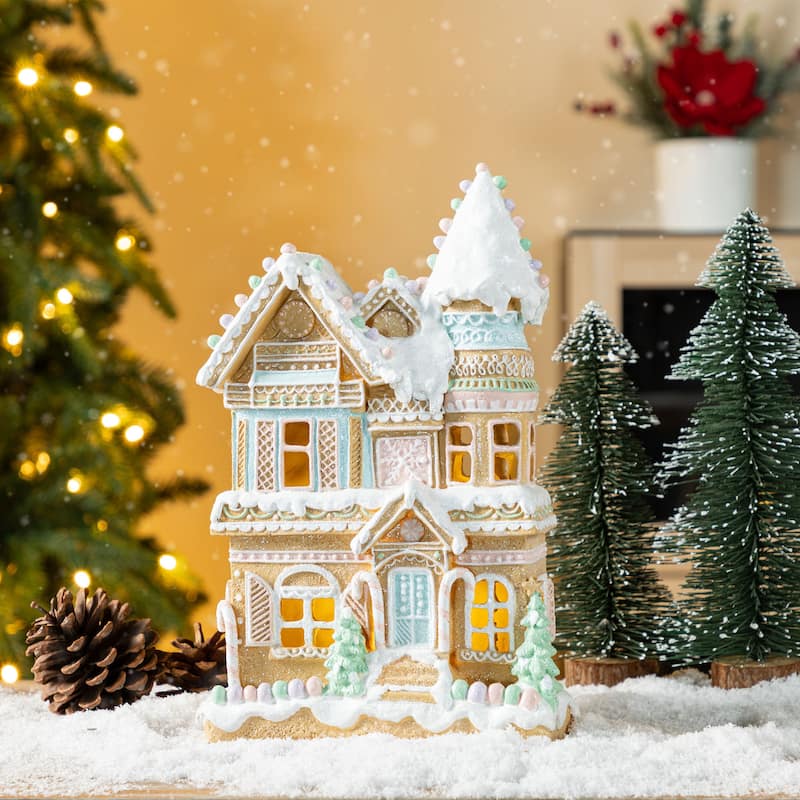 Glitzhome Lighted Christmas Gingerbread House Resin Village Xmas Table Decor Collectible Figurines