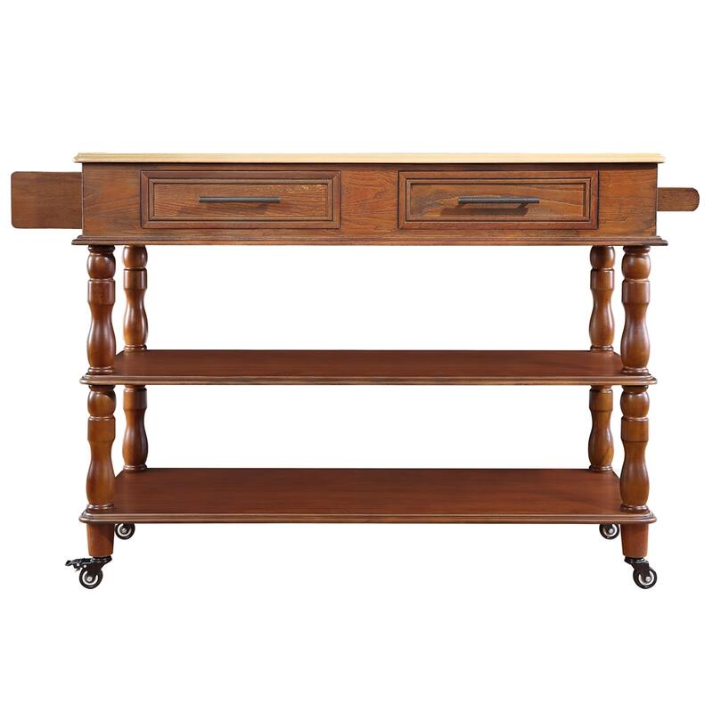 Rolling OAK Wood Top Kitchen Cart with Wine Rack and 2 Drawers