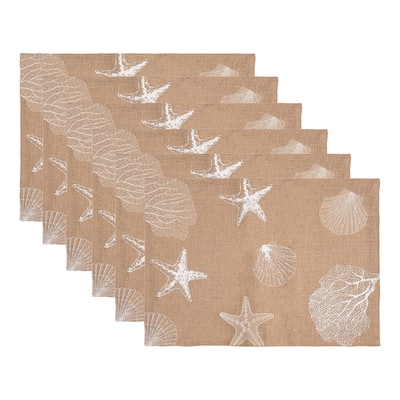 Sandy Coast Starfish Coral Shells Placemats Set of 6 Beach Coastal, 14" x 20"