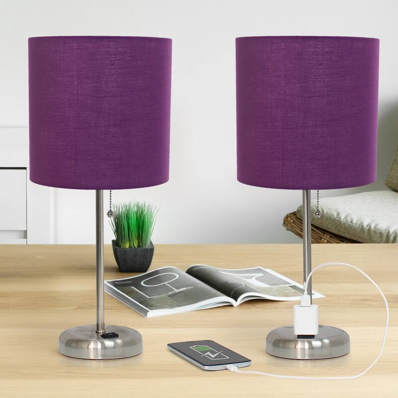 Stick Table Lamps with Drum Shade - 19.5" - Silver and Purple - Set of 2