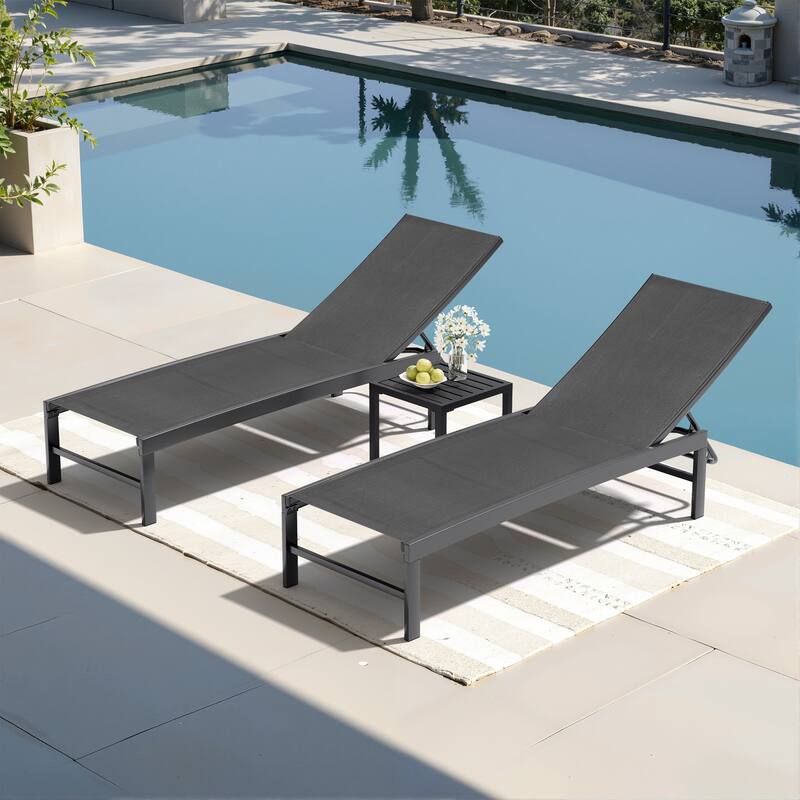 Outdoor Chaise Lounge Reclining Adjustable Chairs with Side Table Set - Black - 3-Piece Set
