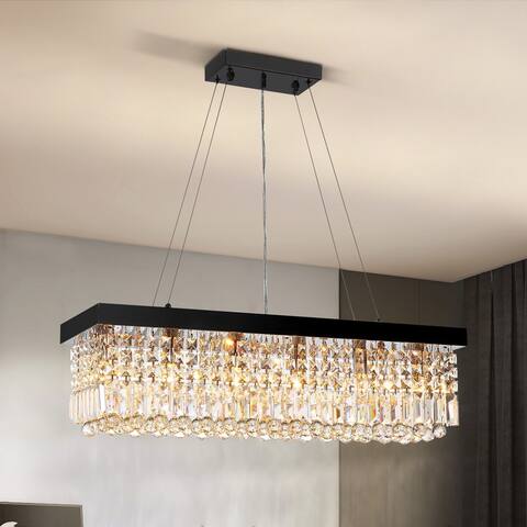 47 in. Modern Farmhouse Crystal Chandelier Adjustable Chain 10-Light Linear Rectangle Kitchen Island Lighting for Dining Room