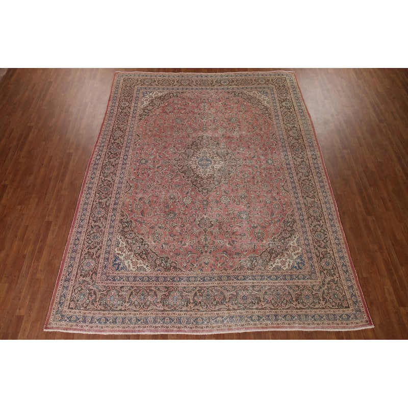 Distressed Mashad Persian Vintage Area Rug Hand-knotted Wool Carpet - 9'9" x 12'7"