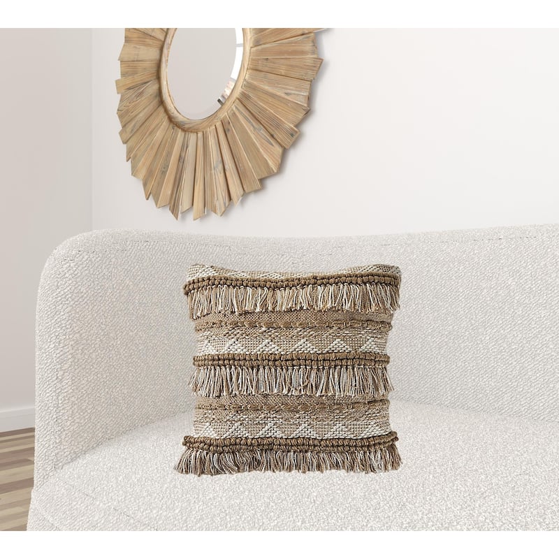 HomeRoots 20" X 20" Beige And White Polyester Geometric Zippered Pillow