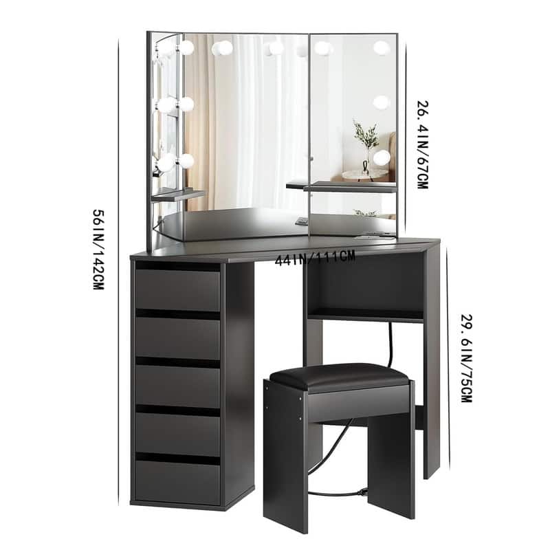 Corner Vanity Desk with Lighted Mirror and Stool, 5 Drawers, Charging Station