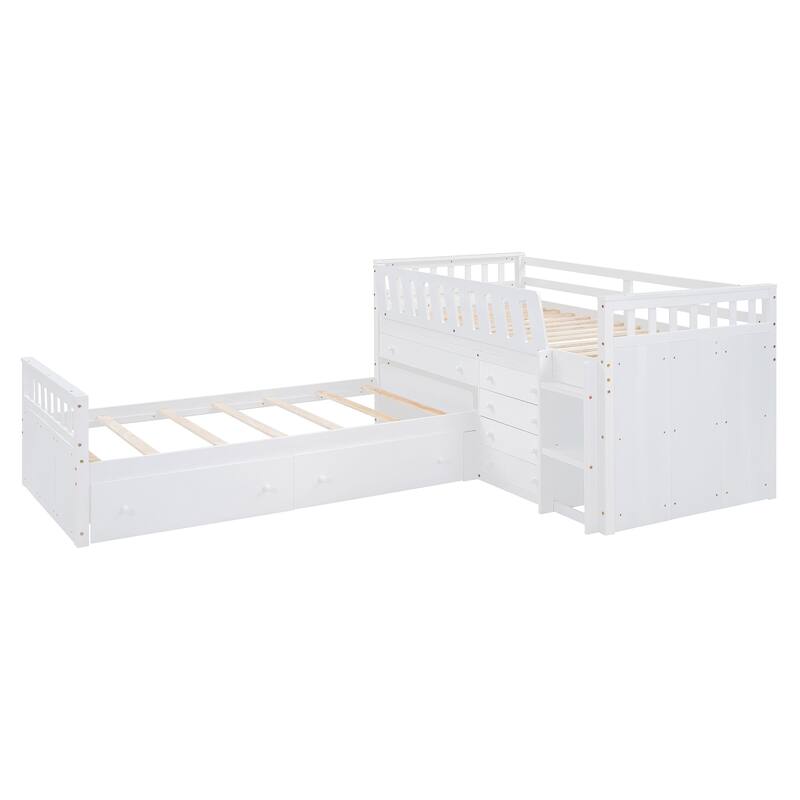 L-Shaped Twin Loft and Platform Bed with 7 Drawers, Full Guardrails - Space-Saving Design