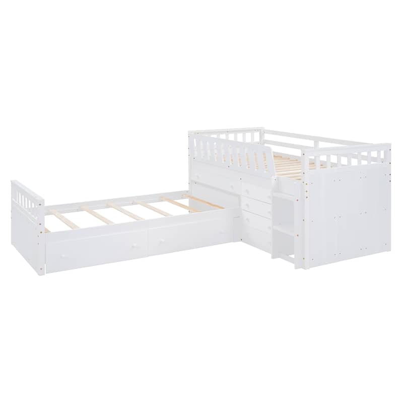 White Twin Size Solid Wood L-shaped Loft Bed with Drawers