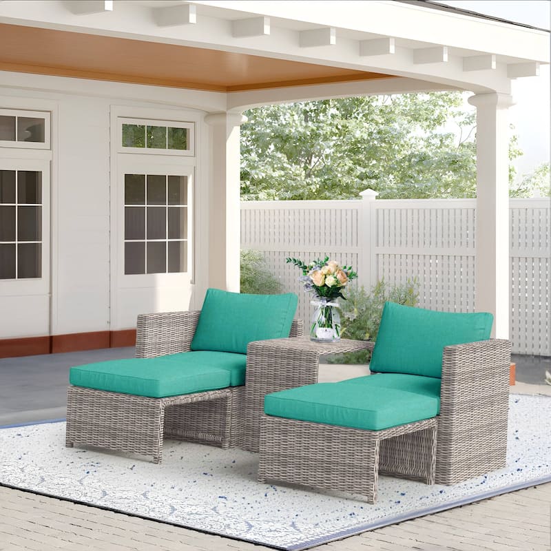 5-Piece Outdoor Rattan Conversation Set Wicker Chair with Cushions - Espresso Turquoise