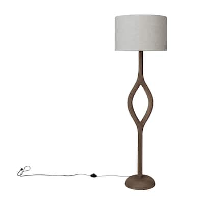 Mango Wood Floor Lamp with Open Base, Cotton Shade and Inline Switch