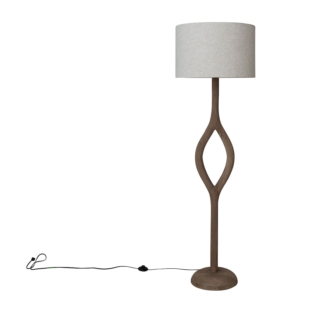 Mango Wood Floor Lamp with Open Base, Cotton Shade and Inline Switch