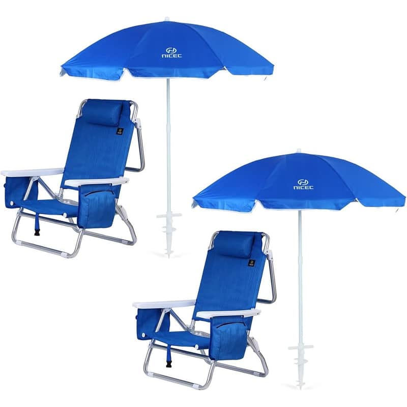 Backpack Beach Chair with Cooler and Umbrella, Cup Holder Outdoor, Ideal for Camping, BBQs, Travel, and Picnics - Blue 2-Pack