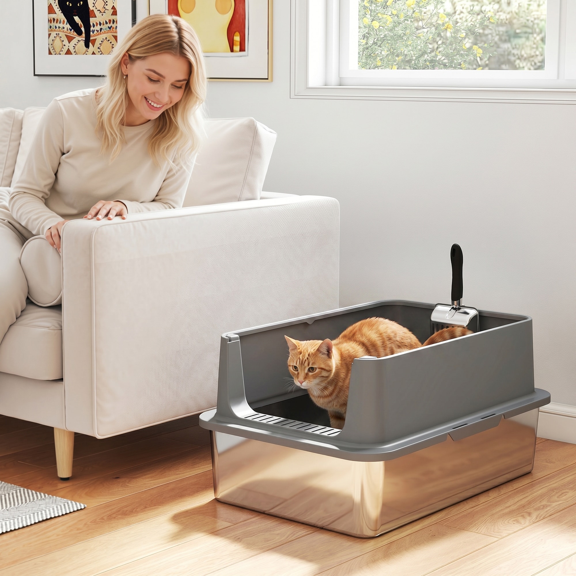 PawHut Stainless Steel Cat Litter Box, High Sided, Anti-Urine Leakage, Easy Cleaning, Non-Sticky, Absorbs Odors, Dark Gray