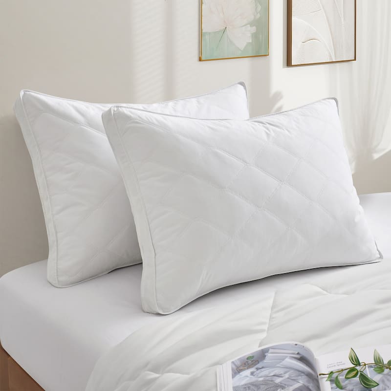 2 Pack Quilted Goose Feather Down Pillow, Medium Support White Edge - Standard