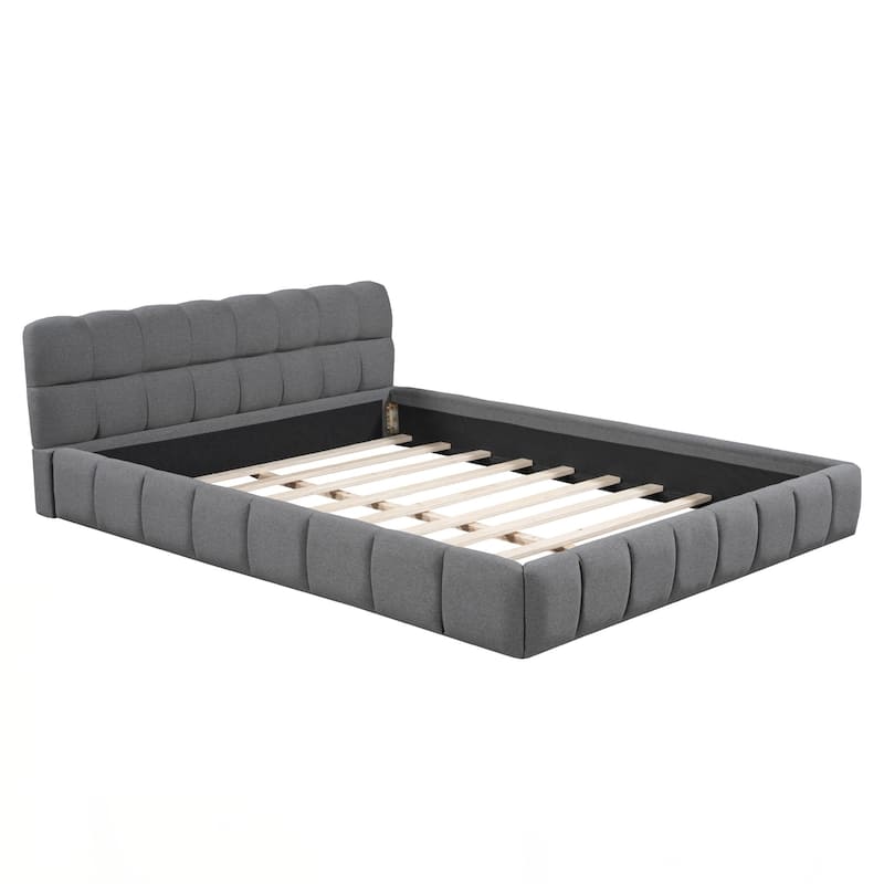 Queen Size Upholstered Platform Bed with Thick Fabric, Grounded Bed with Solid Frame