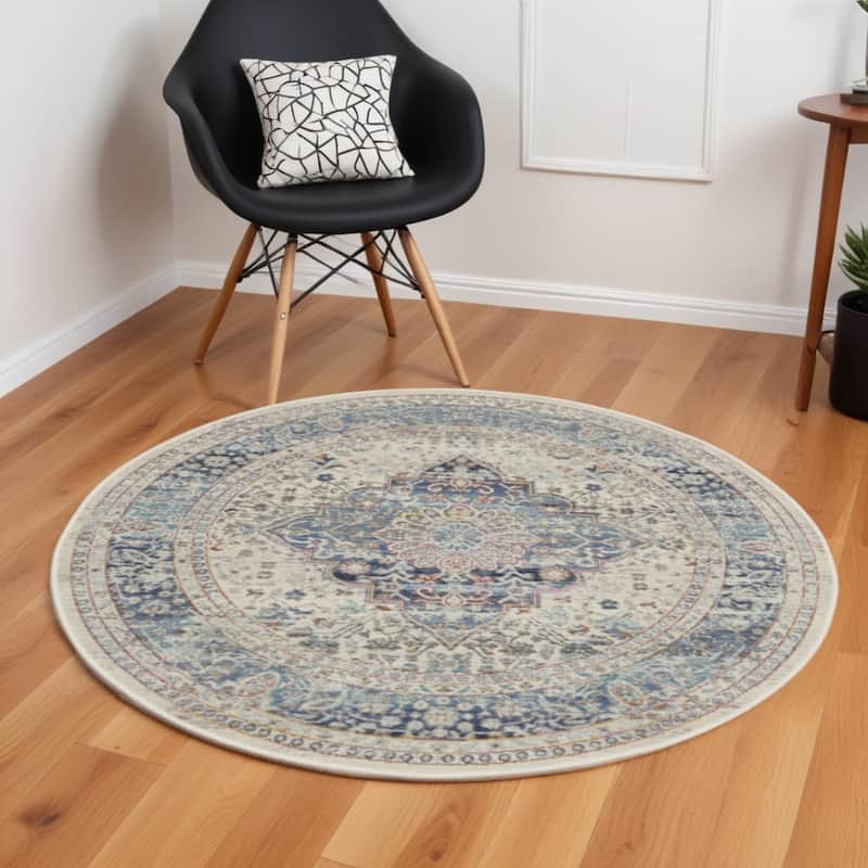HomeRootsFloral Transitional Round Area Rug - 72' X '72' X '0.5 - 72' X '72' X '0.5 - Blue/Orange/Ivory