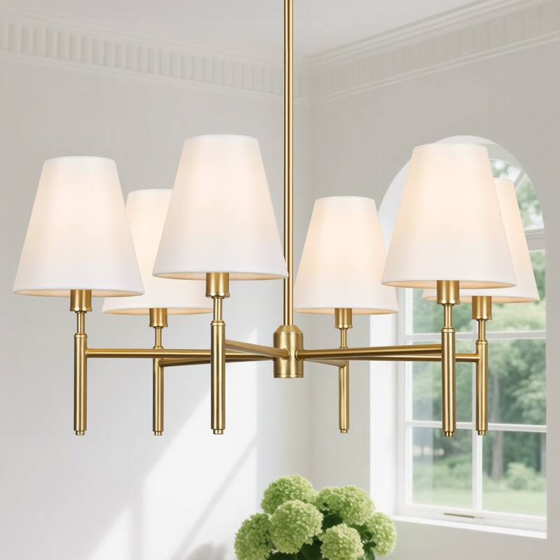 Farmhouse Wheel Chandelier Mid-century Pendant Fixture with Fabric Shades for Interior Lighting - 6-Light - White Shade/Gold Fixture