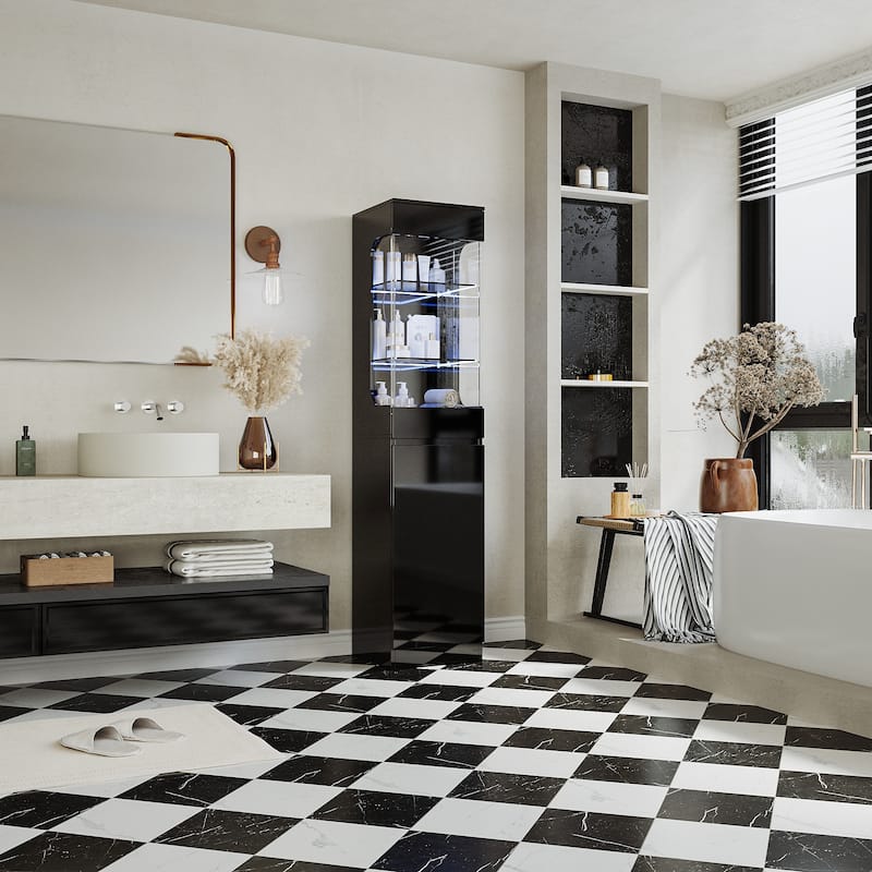 70" Bathroom Cabinet with LED Lighting Black Floor Storage Cabinet