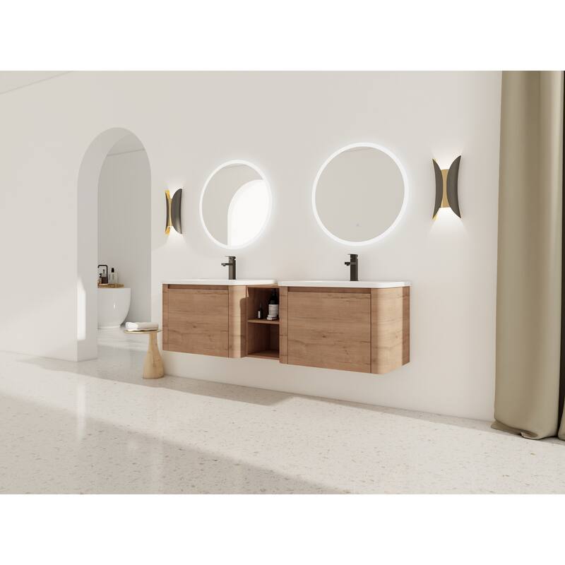 68'' Wall-Mounted Bathroom Vanity with White Ceramic Sink and Storage Shelves & 1-Soft-Close Door, KD-Packing, Plywood