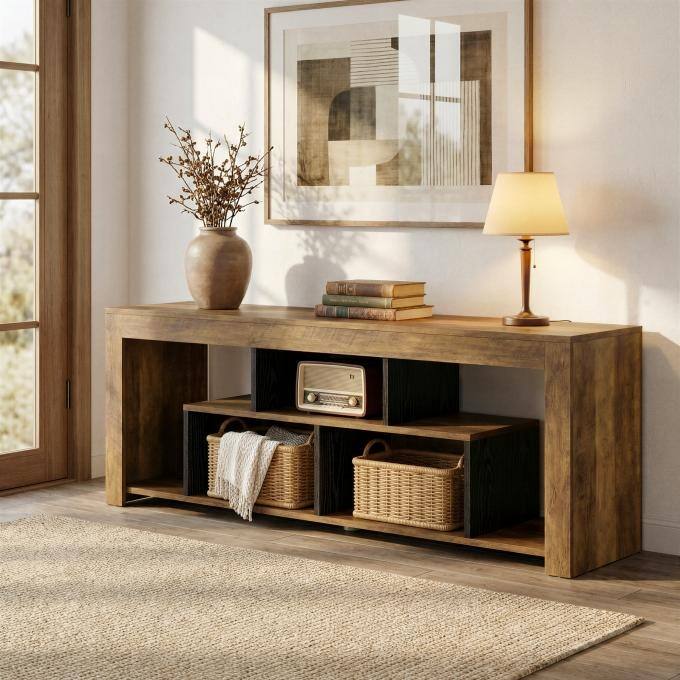 63" Console Table with Storage Shelf, Rustic Wooden Entryway Table - Bown