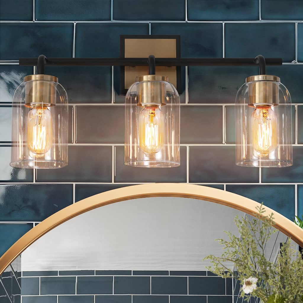 Modern 3-Light Black Gold Linear Bathroom Vanity Light Cylinder Glass Wall Sconces