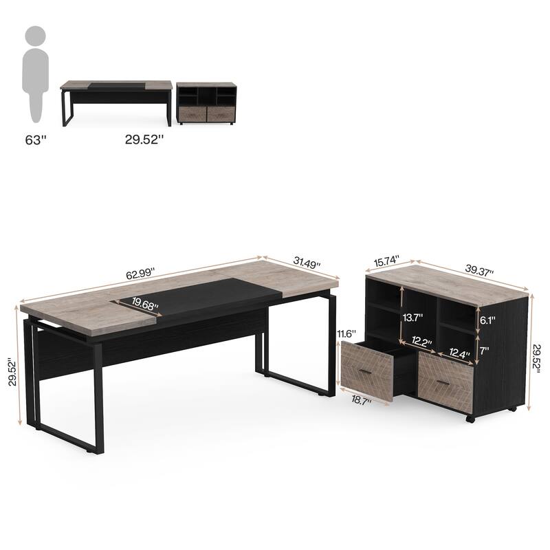63" L-Shaped Executive Desk with Reversible File Cabinet Office Desk with Storage Drawers