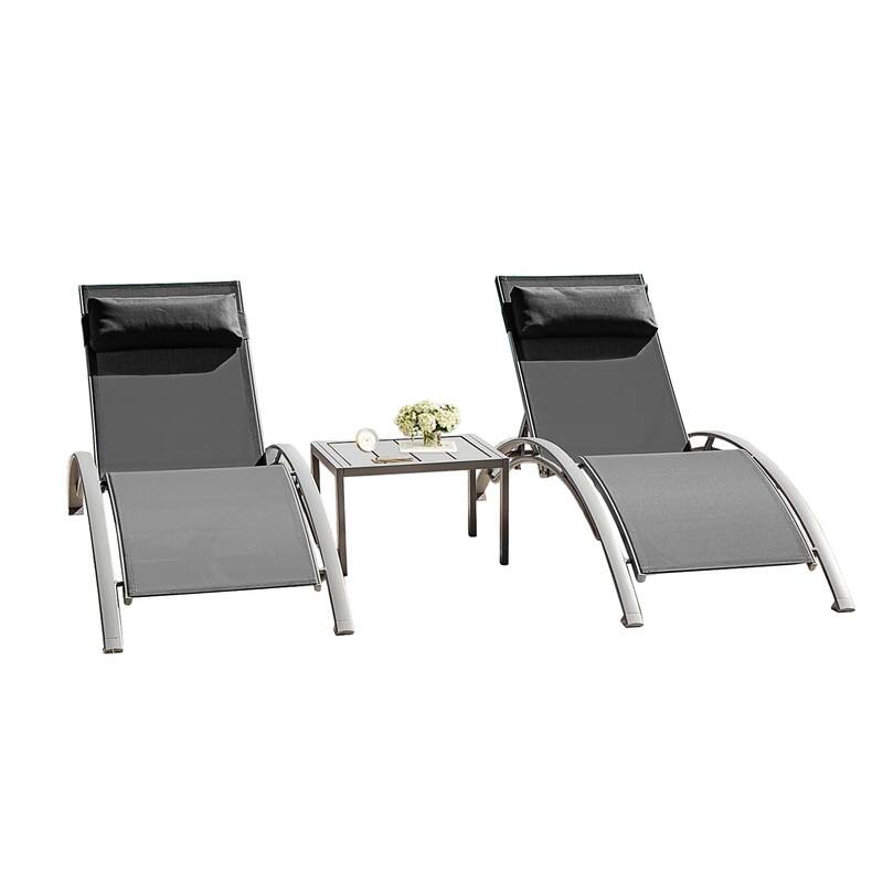 3 Piece Aluminum Chaise Lounge Set, Adjustable Recliners with All Weather Side Table for Pool, Deck, Backyard - Black