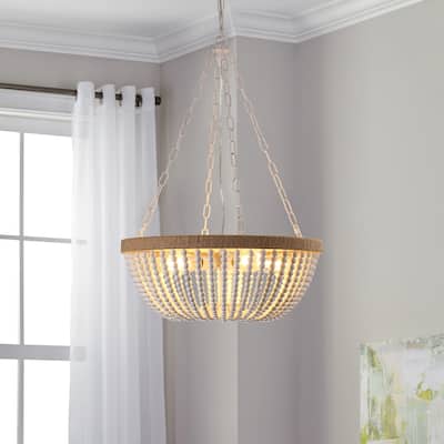 Cusp Barn 5-Light Modern Boho Style Chandelier, 23.6-Inch Oak White Wood Beaded Kitchen Island Pendant Light for Dining Room