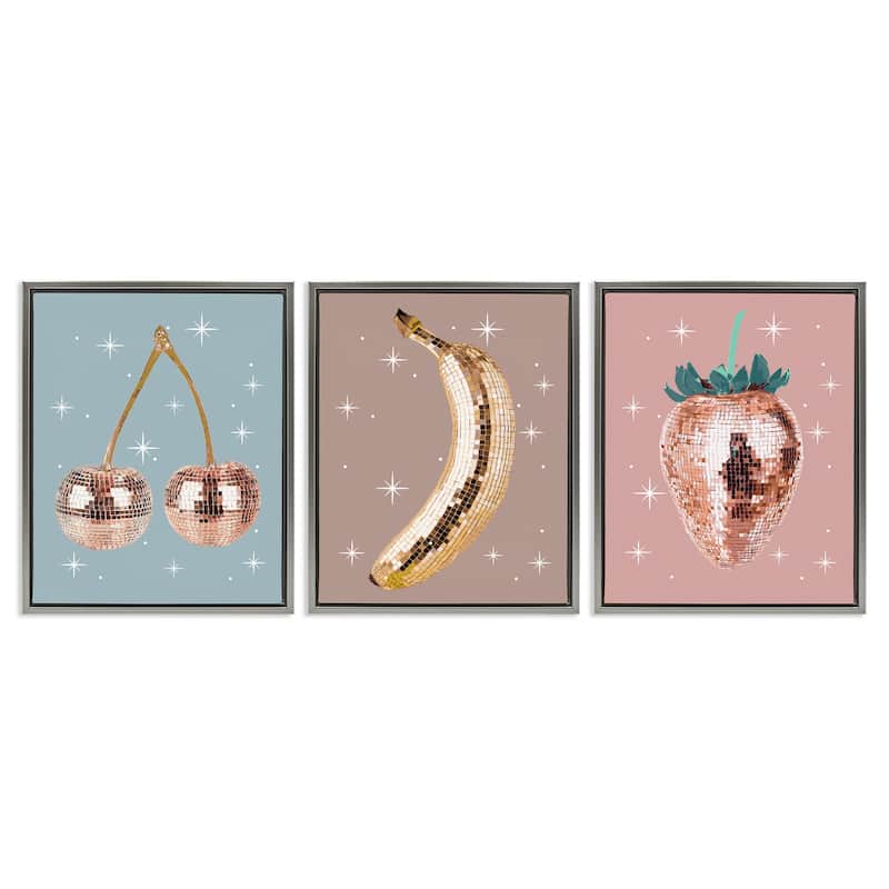 Stupell Glam Disco Fruits Framed Floater Canvas Wall Art Design By Lil' Rue (Set of 3) - 17 x 21 - Grey