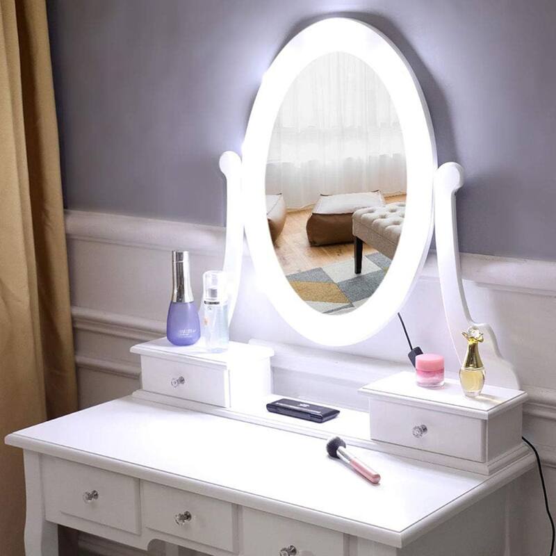 Modern Makeup Vanity Desk with Mirror, Light and Stool