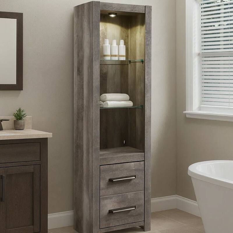 72 Inch Side Pier, 2 Glass Shelves, 2 Bottom Drawers, Rustic Gray Finish