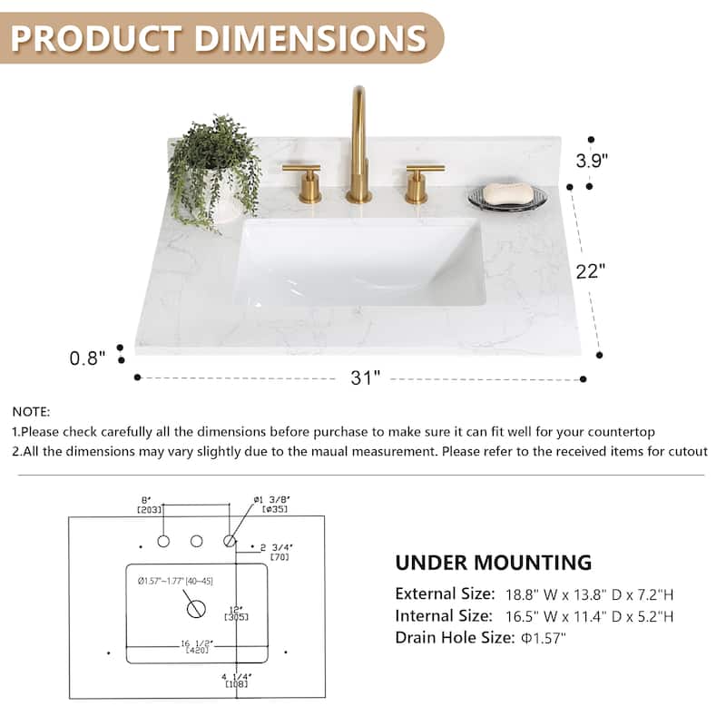 Altair Ceres Engineered Stone Vanity Top in Grain White Without Cabinet