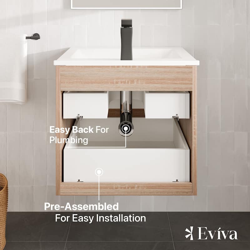Eviva Joy 24"W Maple Wall Mount Bath Vanity with Porcelain Top