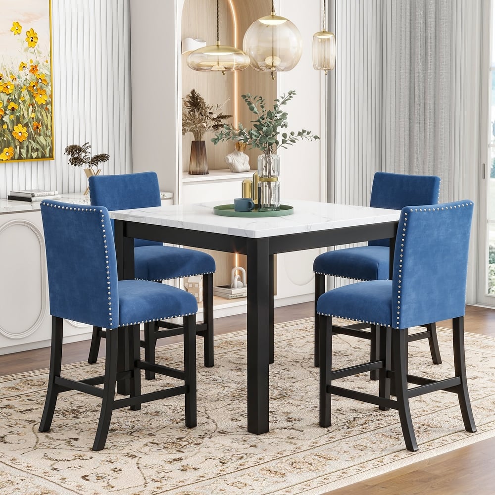 Roomfitters 5-Piece Counter Height Dining Table Set with Faux Marble Square Table and Velvet Upholstered Chairs