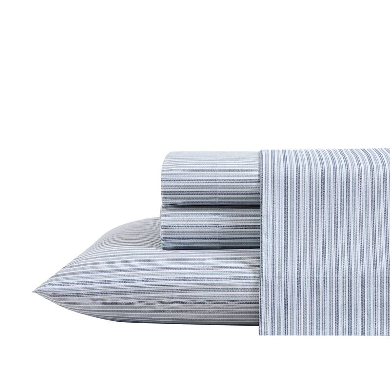 Eddie Bauer Printed Cotton Percale Deep Pocket Sheet Set - Queen - Ticking Stripe Blue