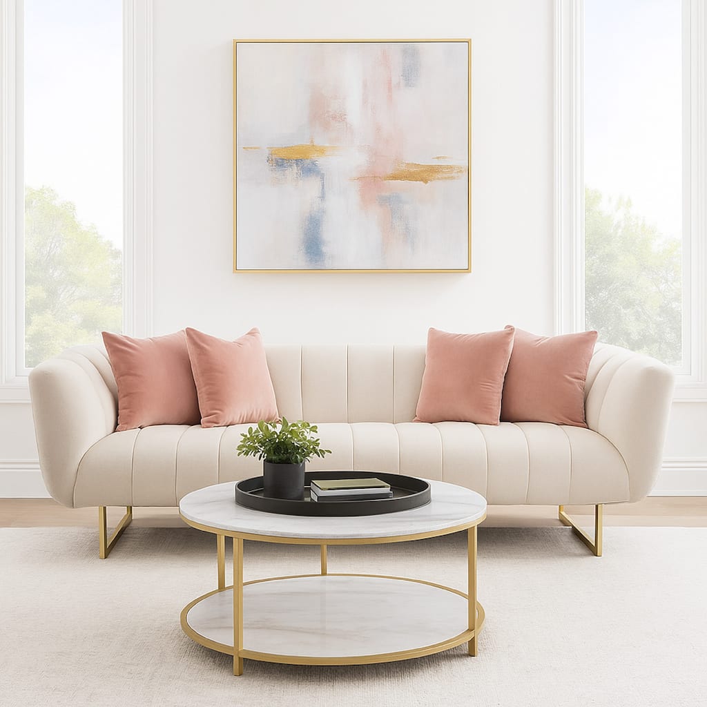 Eva Sofa with 4 Pink Accent Pillows, Cream and Gold Metal Base 98 Inch