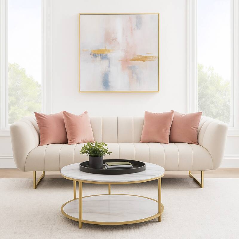 Eva Sofa with 4 Pink Accent Pillows, Cream and Gold Metal Base 98 Inch