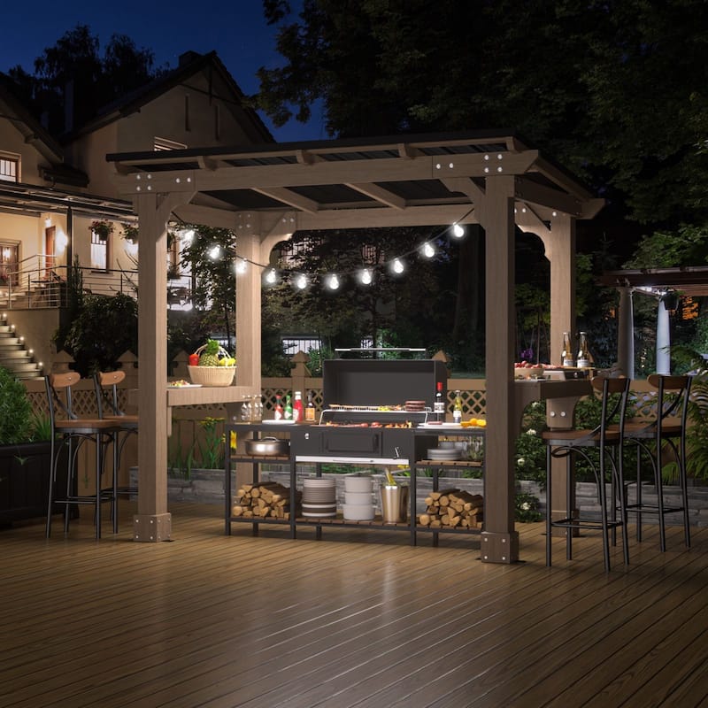 VEIKOUS Wood BBQ Grill Gazebo with Steel Roof for Patio Garden Backyard and Lawn