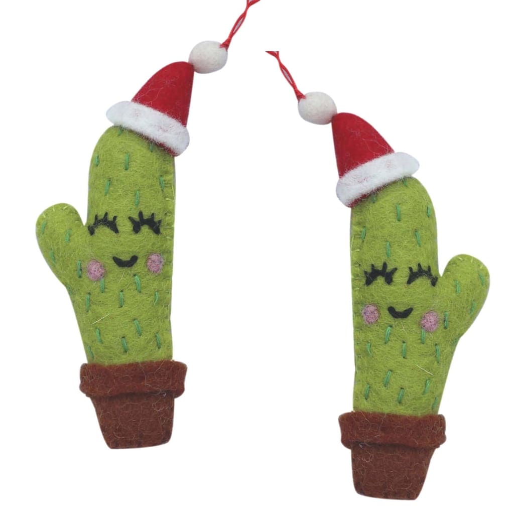 Handmade Saguaro Cactus with Santa Hat Felt Ornament, Set of 2