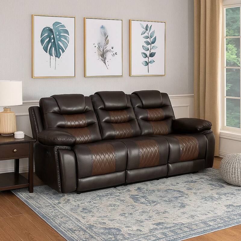 Asher 85 Inch Sofa with Dual Recliners, Brown Faux Leather Upholstery