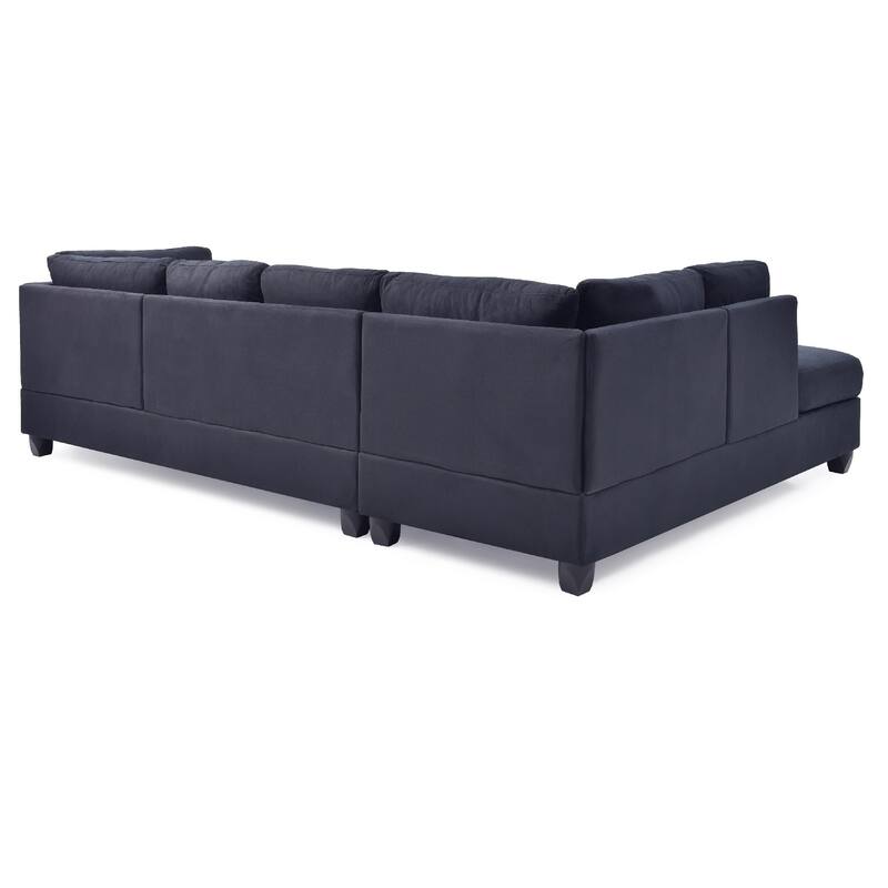 Reversible Microsuede 4-Seater Sectional Sofa with Throw Pillows - 111" - Black